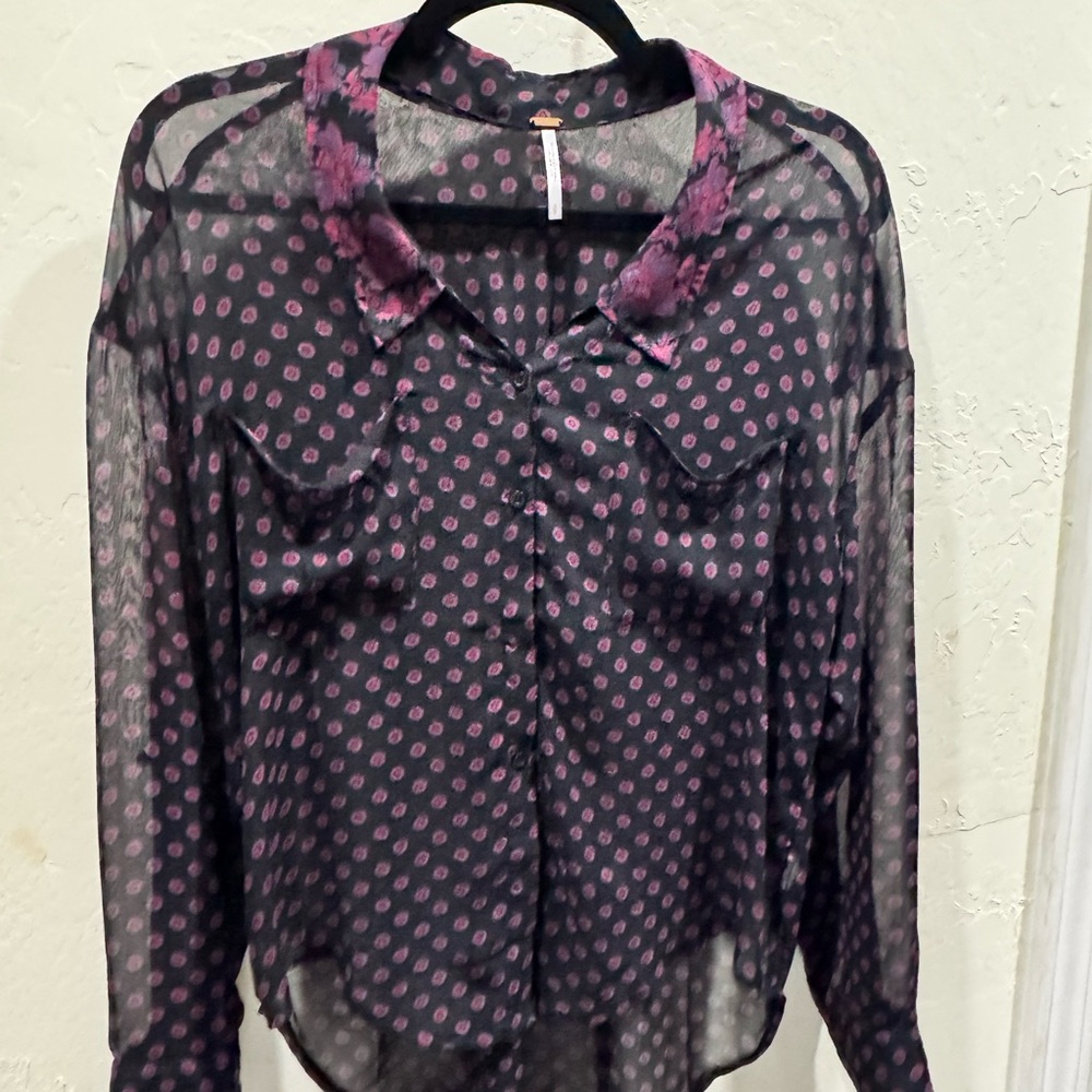 Free People Black Blouse with Purple Dots